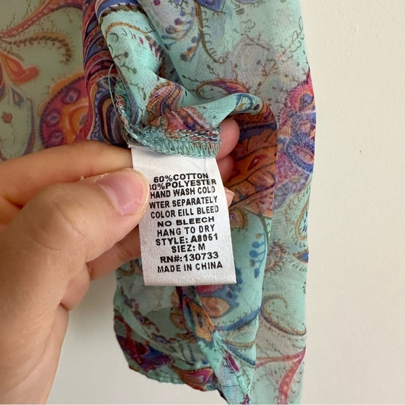 Umgee | Blue Teal Paisley Button Down Chiffon Top Size Medium - Picture 6 of 7
